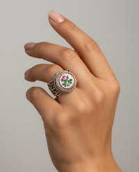 Victorian Hand Painted Floral Enamel Button set in Filigree Sterling Silver Ring Size 7 — worn on model