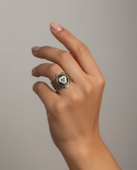 Victorian Hand Painted Floral Enamel Button set in Filigree Sterling Silver Ring Size 7-1/4 — worn on model