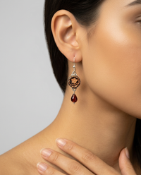 Victorian Celluloid Tinted Floral Button Earrings w/ Facet Garnet Stone Accent set in Sterling Silver — worn on model