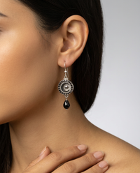 Victorian Czech Lustered Moon & Star Glass Button Set in Sterling Silver With Black Spinel Accent — worn on model
