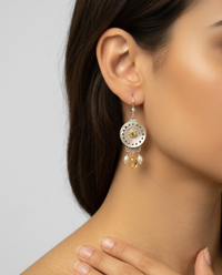 Victorian Carved Shell Button w/ Tourmaline Center set inSterlingSilver Earring with Tourmaline Facet Stone Drop & Pearl — worn on model