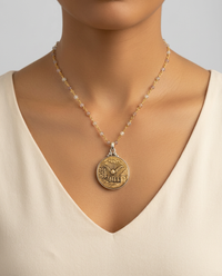 Victorian Picture Metal Button Owl Button set in Sterling silver Pendant w/ Tourmaline Facet Rosary 20" Necklace (Copy) — worn on model