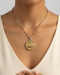 Victorian Picture Metal Button Painters Pallet Button set in Sterling silver Pendant w/ Tourmaline Facet Rosary 20" Necklace — worn on model