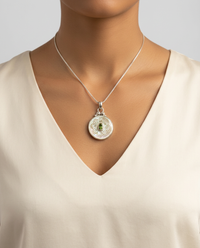 Victorian Carved Dragon Shell Button w/ Tourmaline set in Sterling silver w/ 18" Sterling silver Necklace — worn on model