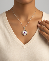 Victorian Carved Dragon Shell Button w/ Amethyst set in Sterling silver w/ 18" Sterling silver Necklace — worn on model