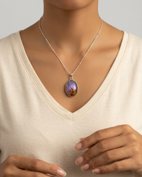 Victorian Glass Dragons Breath Button set in Sterling Silver w/ 18" Sterling Silver Necklace — worn on model