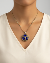 Victorian Glass in Metal Button w/ Facet Blue Glass Triad Design set in Sterling Silver w/ 20"Facet Pyrrite Facet Necklace — worn on model