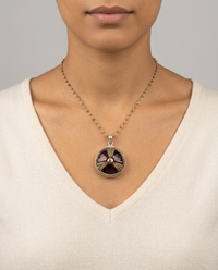 Victorian Glass in Metal Button w/ Facet Red Glass Triad Design set in Sterling Silver w/ 20"Facet Pyrrite Facet Necklace — worn on model