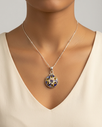Victorian Hand Painted Enamel set in Sterling Silver w/ Sterling Silver Necklace — worn on model