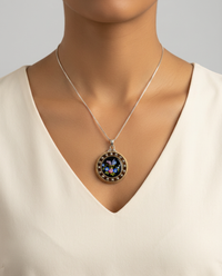 Victorian Hand Painted Butterfly Enamel w/ Steel Facet Border set in Sterling Silver w/ Sterling Silver Necklace — worn on model