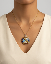 Victorian Hand Painted Large Enamel w/ Steel Facet Design set in Sterling Silver w/ facet Pyrrite Necklace — worn on model