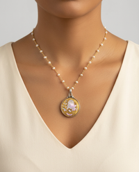 Victorian Shell with Ornate Metal Overlay Button Set in Sterling Silver With Pearl Stone Rosary Necklace (Copy) — worn on model