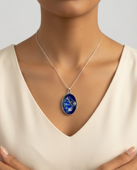 Leo Popper Large Oval Facet Button set in Sterling Silver accented w/ Sterling Silver Necklace — worn on model