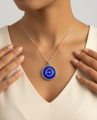 Victorian Hand Painted Large Sterling Enamel set in Sterling Silver w/ Sterling silver Necklace — worn on model