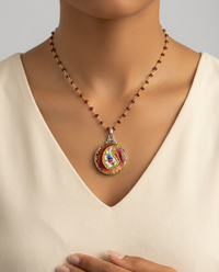 Victorian Hand Painted Floral Enamel set in Sterling Silver w/ Garnet Rosary Necklace — worn on model