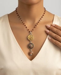 Victorian Three Button Drop Set in Sterling Silver Accented with Garnet Facet Rosary Necklace — worn on model