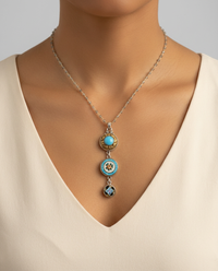 Victorian Three Button Drop Set in Sterling Silver Accented with Labradorite Facet Rosary Necklace — worn on model