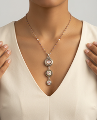 Victorian Three Button Drop Set in Sterling Silver Accented with Garnet Facet Rosary Necklace — worn on model
