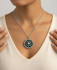 Victorian Metal Fabric Button w/ Victorian Paste Metal Overlay Rare! Set in Sterling Silver Pendant w/ Aqua Marine Rosary Necklace — worn on model