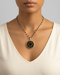 Victorian Metal Perfume Velvet Floral Button Set in Sterling Silver Pendant w/ Black Spinnel Rosary Necklace — worn on model