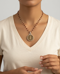 Victorian Picture Metal Button Openwork Cherub Button set in Sterling silver Pendant w/ Garnet Facet Rosary 18"" Necklace — worn on model