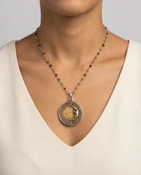 Victorian Picture Metal Moon button set in Sterling silver Pendant w/ Garnet Facet Necklace — worn on model