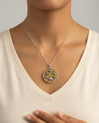 Victorian Picture Metal Button Steel Facet Bees set in Sterling silver Pendant w/ Sterling Silver 22" Necklace — worn on model