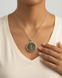 Victorian Picture Metal Eiffel Tower set in Sterling silver Pendant w/ Pyrrite Facet 22" Necklace — worn on model