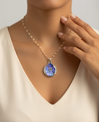 Victorian Carved Shell Pearl Button w/ Iolite Center Center set in Sterling silver w/ Pearl Necklace — worn on model