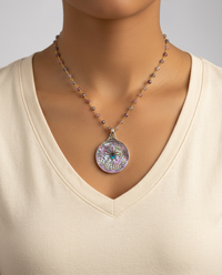 Victorian Carved Shell Pearl Button w/ Saphiret 24K & Glass Center set in Sterling silver w/ Facet Garnet Necklace — worn on model