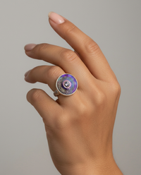 Victorian Carved Tinted Shell Button w/ Iolite Facet Center set in Sterling Silver Ring Size 7 — worn on model