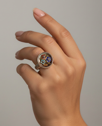 Victorian Hand Painted Floral Enamel on Shell Button set in Filigree Sterling Silver Ring Size 7-1/2 — worn on model