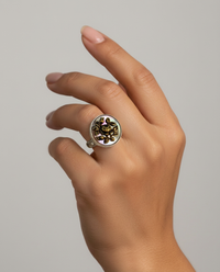 Victorian Shell Button w/ Brass Floral Overlay Accent set in Sterling Silver Ring Size 7-1/2 — worn on model