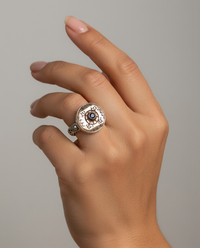 Victorian Carved Tinted Shell Button w/ Iolite Facet Center set in Sterling Silver Ring Size 6-3/4 — worn on model