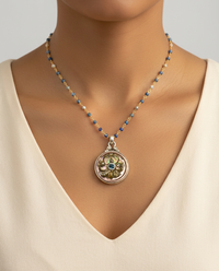 Victorian Carved Shell Pearl Button w/ Topaz Center Set in Sterling Silver w/ Kyanite Rosary — worn on model
