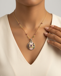 Victorian Carved Shell Pearl Button w/ Tourmaline Center Set in Sterling Silver w/ Tourmaline Rosary — worn on model
