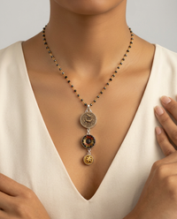 Victorian Three Button Drop Birds Metal & Lacy Glass Buttons set in Sterling Silver w/ Stone Rosary Accent — worn on model