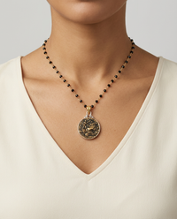 Victorian Picture Image Charriot Image Button set in Sterling Silver w/ Facet Black Spinnel Rosary — worn on model