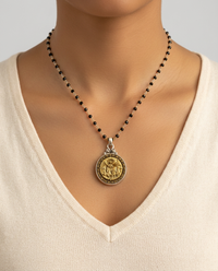 Victorian Picture Image Chariot Image Button set in Sterling Silver w/ Facet Black Spinnel Rosary — worn on model
