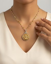 Victorian Picture Image of Woman Button set in Sterling Silver w/ Facet Saphire Rosary — worn on model