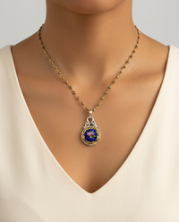 Victorian Small Hand Painted Enamel Button Set in Sterling Silver WithSpinell Facet Rosary — worn on model