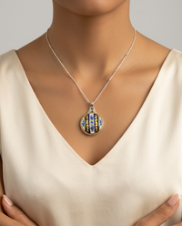 Victorian Hand Painted Enamel Button Set in Sterling Silver With Sterling Satellite Chain — worn on model
