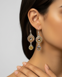 Victorian Double Carved Shell & French Enamel Button earring set in Sterling Silver — worn on model