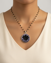 Victorian Velvet Perfume Metal Button Shell design set in Sterling Silver w/ Black Spinnel Rosary — worn on model
