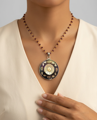 Victorian Carved Shell Pearl Button w/ Tourmaline Center Set in Sterling Silver w/ Garnet Rosary — worn on model