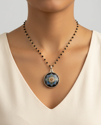 Victorian Large Czech Glass in Metal DUG Button Set in Sterling Silver With Facet Black Spinnel Rosary — worn on model