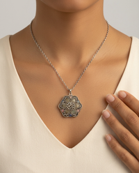Victorian Large Luster Glass Button Set in Sterling Silver With Sterling Silver Chain — worn on model