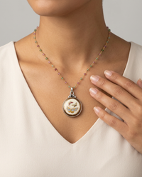 Victorian Hand Painted Porcelain Butterfly Satsuma Button w/ 24K Paint Set in Sterling Silver With Tourmaline Rosary — worn on model
