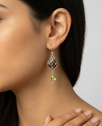 Victorian Hand Painted Enamel Button set in Sterling Silver Earring w/ Peridot Accent — worn on model
