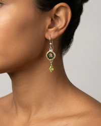 Victorian Hand Painted Enamel Button set in Sterling Silver Earring w/ Peridot Accent — worn on model
